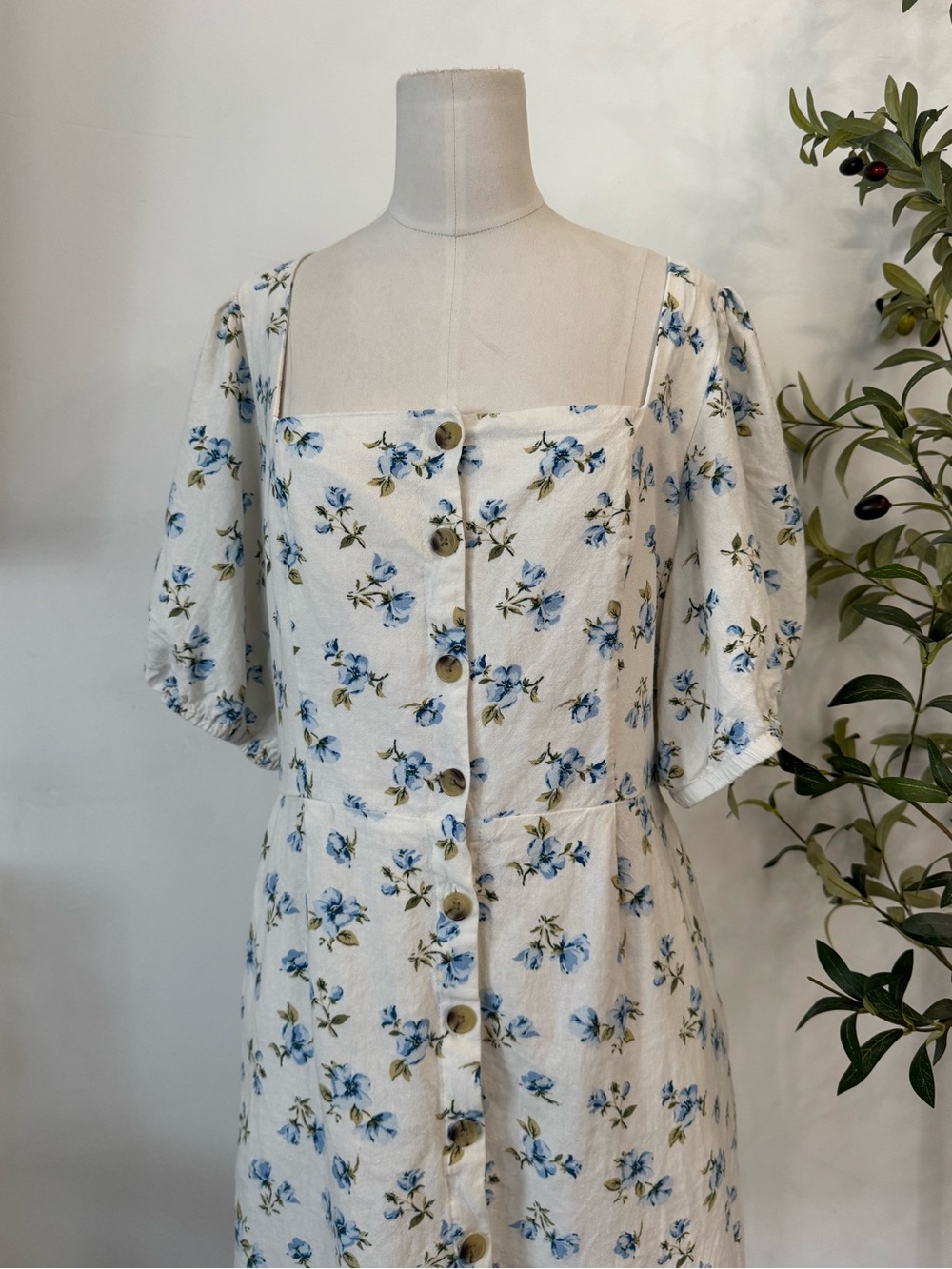 Old Navy Blue Floral Linen Blend Mini Dress XL Cottagecore Puff Sleeve Dress - Picture 2 of 6